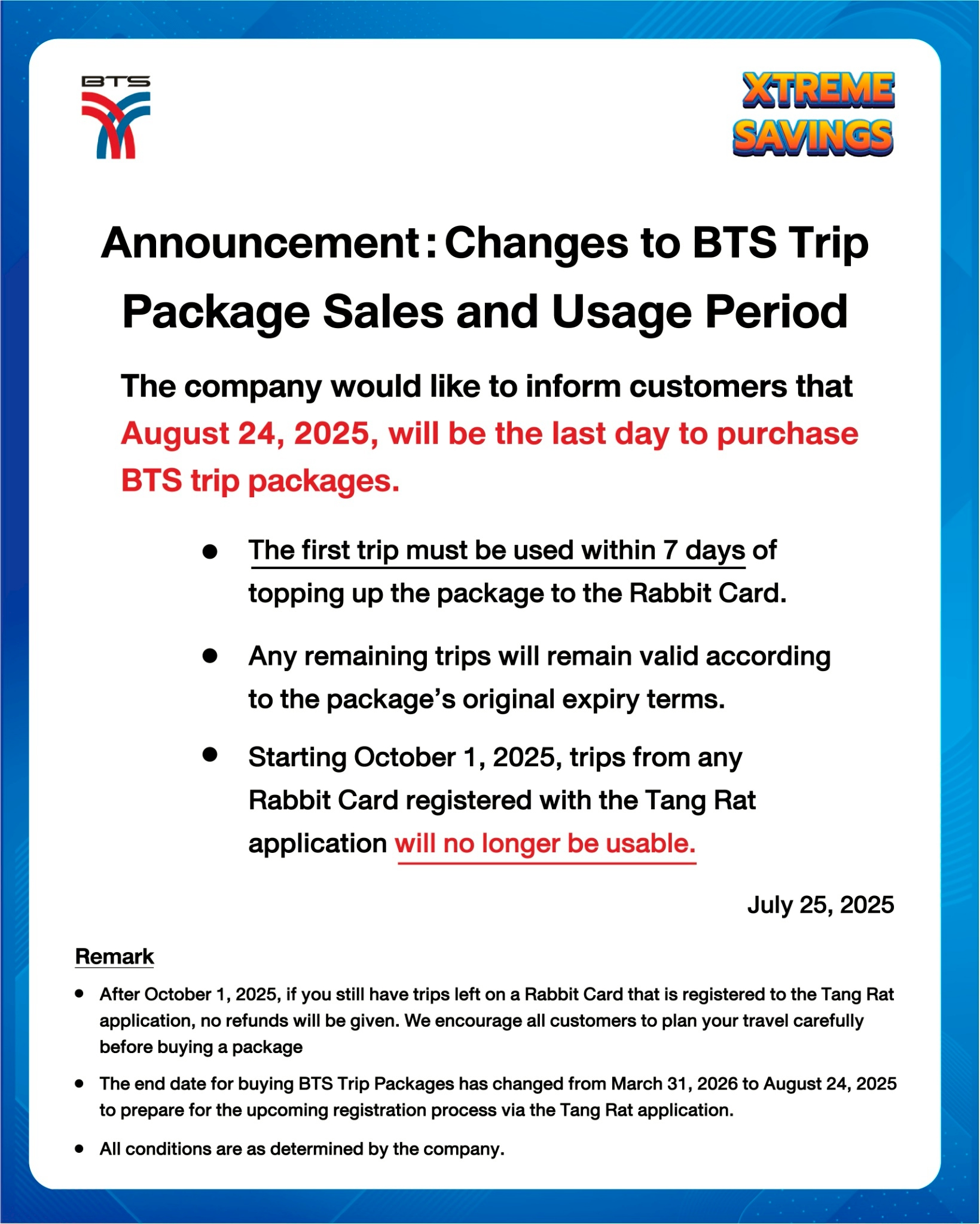 Last chance to buy! For XTREME SAVINGS customers, purchase monthly trip packages until August 24, 2025 only.
